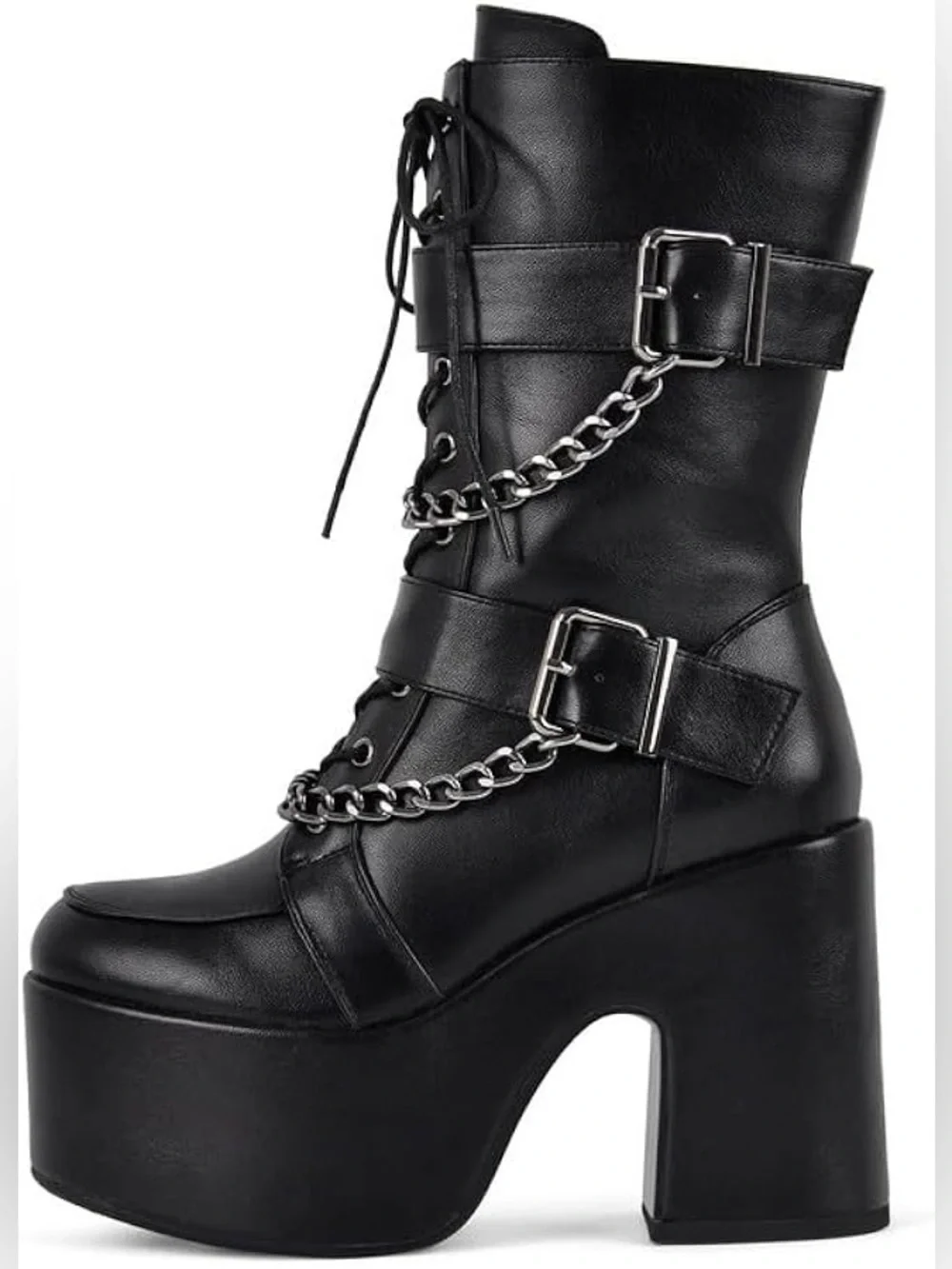 Platform Lace-Up Combat Boots with Chain Detail - Black